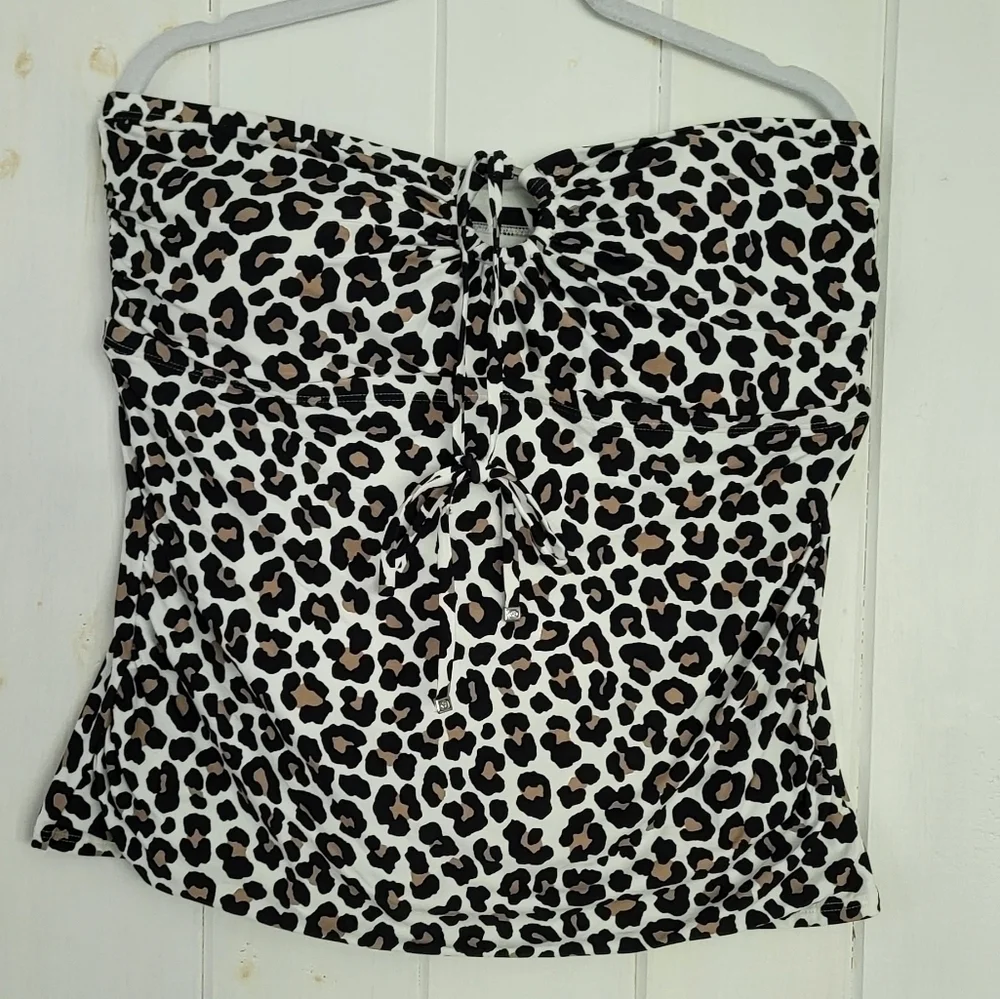 Michael Kors Khaki Leopard Logo Ring Shirred Bandeau Tankini Top